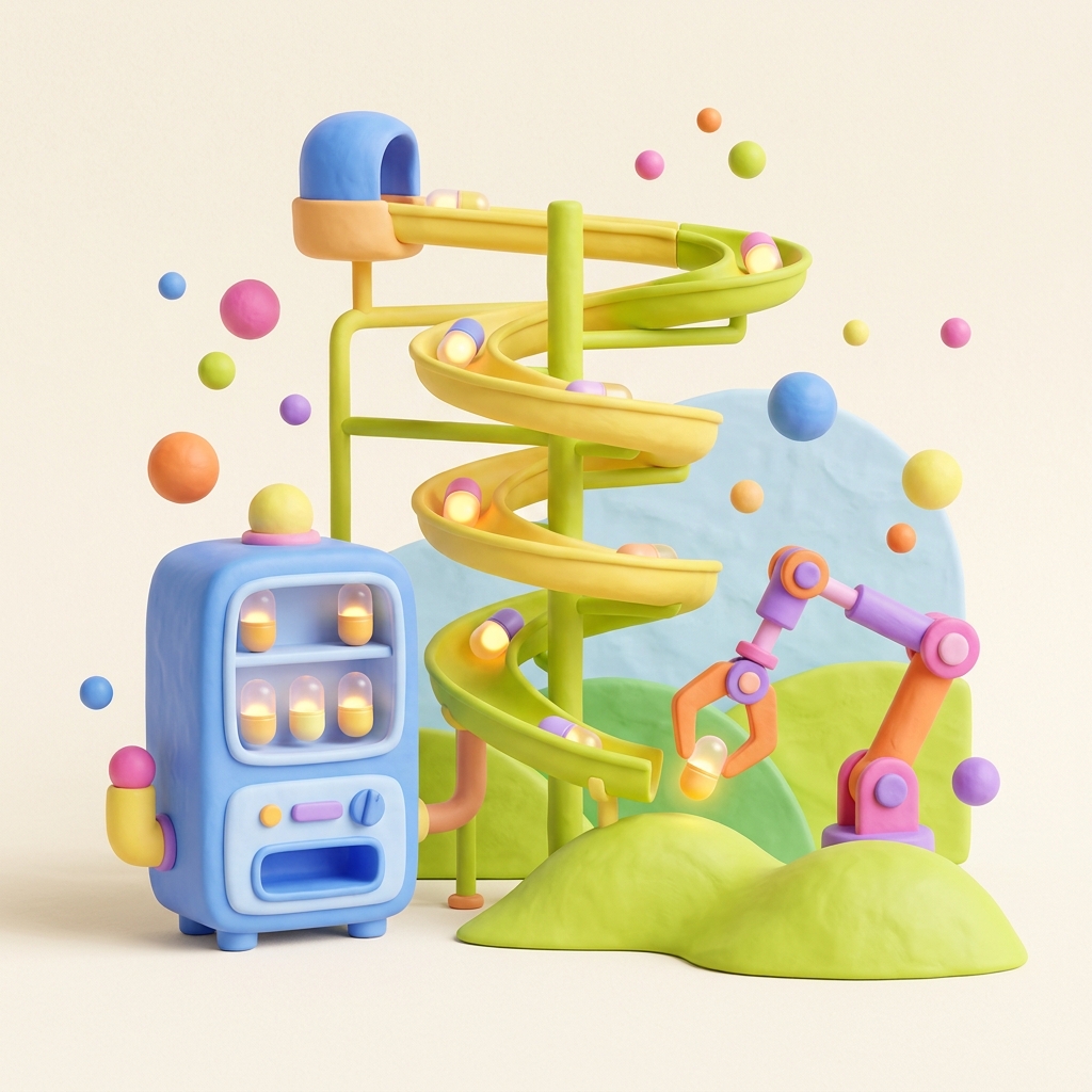 A cheerful clay vending machine dispensing little job capsules
