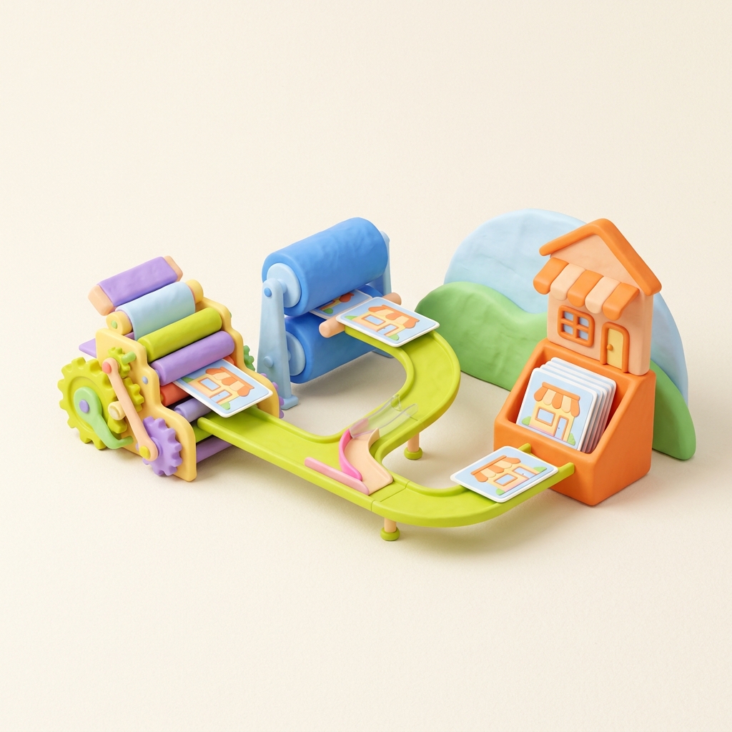 A pastel printing-press contraption producing little storefront cards