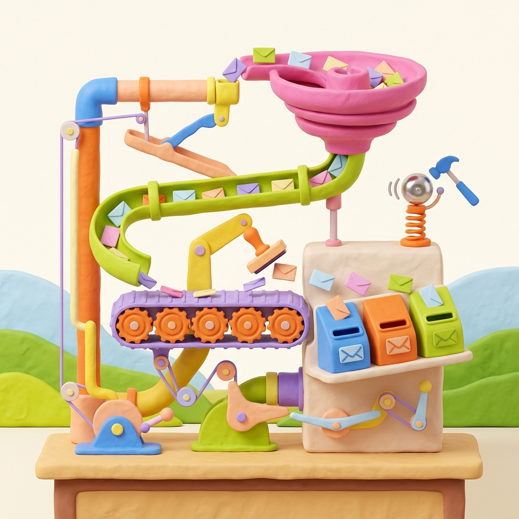 A friendly clay contraption sorting incoming envelopes